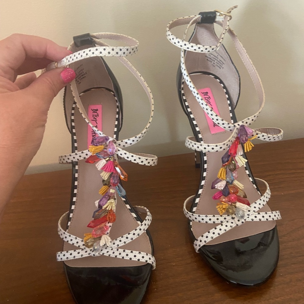 Betsey Johnson Black and White Polka Dot Heels with Multicolor Tassels
